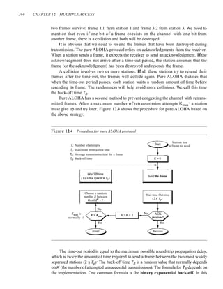 366 CHAPTER 12 MULTIPLE ACCESS
two frames survive: frame 1.1 from station 1 and frame 3.2 from station 3. We need to
mention that even if one bit of a frame coexists on the channel with one bit from
another frame, there is a collision and both will be destroyed.
It is obvious that we need to resend the frames that have been destroyed during
transmission. The pure ALOHA protocol relies on acknowledgments from the receiver.
When a station sends a frame, it expects the receiver to send an acknowledgment. If the
acknowledgment does not arrive after a time-out period, the station assumes that the
frame (or the acknowledgment) has been destroyed and resends the frame.
A collision involves two or more stations. If all these stations try to resend their
frames after the time-out, the frames will collide again. Pure ALOHA dictates that
when the time-out period passes, each station waits a random amount of time before
resending its frame. The randomness will help avoid more collisions. We call this time
the back-off time TB.
Pure ALOHA has a second method to prevent congesting the channel with retrans-
mitted frames. After a maximum number of retransmission attempts Kmax' a station
must give up and try later. Figure 12.4 shows the procedure for pure ALOHA based on
the above strategy.
Figure 12.4 Procedure for pure ALOHA protocol
K: Number of attempts
Tp : Maximum propagation time
Tfr : Average transmission time for a frame
TB : Back-off time
WaitTBtime
(Ta=Rx Tpor R x Tfr)
Choose a random
number R between
oand 2K
-1
Station has
___- - a frame to send
Send theil:ame
Wait time-Quttime
(2 X Tp)
Kma, is
normally 15
K=K+ 1
The time-out period is equal to the maximum possible round-trip propagation delay,
which is twice the amount of time required to send a frame between the two most widely
separated stations (2 x Tp)' The back-off time TB is a random value that normally depends
on K (the number of attempted unsuccessful transmissions). The formula for TB depends on
the implementation. One common formula is the binary exponential back-off. In this
 
