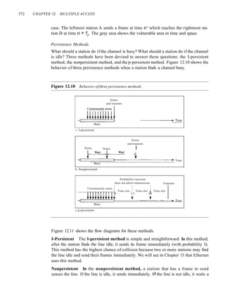 372 CHAPTER 12 MULTIPLE ACCESS
case. The leftmost station A sends a frame at time tl' which reaches the rightmost sta-
tion D at time tl + Tp. The gray area shows the vulnerable area in time and space.
Persistence Methods
What should a station do if the channel is busy? What should a station do if the channel
is idle? Three methods have been devised to answer these questions: the I-persistent
method, the nonpersistent method, and the p-persistent method. Figure 12.10 shows the
behavior of three persistence methods when a station finds a channel busy.
Figure 12.10 Behavior ofthree persistence methods
Sense
and transmit
~I ------~
~ :-Time
Busy
3. I-persistent
Sense
Sense
and transmit
Sense I
~:.::::::::w;::::a::::it:::::,~------,w..:..::a::..:.it 't
~C_===
.===!:=J=::J.r------------~.. Time
Busy
b. Nonpersistent
Transmit
I I I
l l
- - - - - - - - - - - - - - - )
..
~Time
Probability outcome
does not allow transmission.
I I I
Continuously sense I I I
~
I Time slot I Time slot I Time slot
I-I .1 III .1.
Busy
c. p-persistent
Figure 12.11 shows the flow diagrams for these methods.
I-Persistent The I-persistent method is simple and straightforward. In this method,
after the station finds the line idle, it sends its frame immediately (with probability I).
This method has the highest chance of collision because two or more stations may find
the line idle and send their frames immediately. We will see in Chapter 13 that Ethernet
uses this method.
Nonpersistent In the nonpersistent method, a station that has a frame to send
senses the line. If the line is idle, it sends immediately. If the line is not idle, it waits a
 