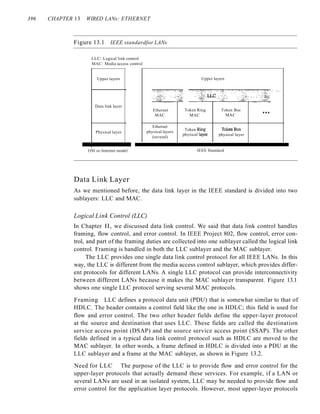 396 CHAPTER 13 WIRED LANs: ETHERNET
Figure 13.1 IEEE standardfor LANs
LLC: Logical link control
MAC: Media access control
Upper layers Upper layers
Data link layer
Physical layer
Ethernet
MAC
Ethernet
physical layers
(several)
Token Ring
MAC
Token Ring
physical layer
Token Bus
MAC
Token Bus
physical layer
...
.' ,:""
OSl or Internet model IEEE Standard
Data Link Layer
As we mentioned before, the data link layer in the IEEE standard is divided into two
sublayers: LLC and MAC.
Logical Link Control (LLC)
In Chapter II, we discussed data link control. We said that data link control handles
framing, flow control, and error control. In IEEE Project 802, flow control, error con-
trol, and part of the framing duties are collected into one sublayer called the logical link
control. Framing is handled in both the LLC sublayer and the MAC sublayer.
The LLC provides one single data link control protocol for all IEEE LANs. In this
way, the LLC is different from the media access control sublayer, which provides differ-
ent protocols for different LANs. A single LLC protocol can provide interconnectivity
between different LANs because it makes the MAC sublayer transparent. Figure 13.1
shows one single LLC protocol serving several MAC protocols.
Framing LLC defines a protocol data unit (PDU) that is somewhat similar to that of
HDLC. The header contains a control field like the one in HDLC; this field is used for
flow and error control. The two other header fields define the upper-layer protocol
at the source and destination that uses LLC. These fields are called the destination
service access point (DSAP) and the source service access point (SSAP). The other
fields defined in a typical data link control protocol such as HDLC are moved to the
MAC sublayer. In other words, a frame defined in HDLC is divided into a PDU at the
LLC sublayer and a frame at the MAC sublayer, as shown in Figure 13.2.
Need for LLC The purpose of the LLC is to provide flow and error control for the
upper-layer protocols that actually demand these services. For example, if a LAN or
several LANs are used in an isolated system, LLC may be needed to provide flow and
error control for the application layer protocols. However, most upper-layer protocols
 