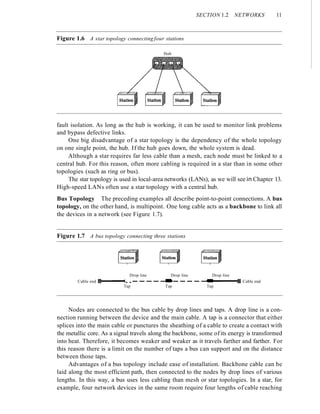 SECTION 1.2 NETWORKS 11
Figure 1.6 A star topology connecting four stations
Hub
fault isolation. As long as the hub is working, it can be used to monitor link problems
and bypass defective links.
One big disadvantage of a star topology is the dependency of the whole topology
on one single point, the hub. If the hub goes down, the whole system is dead.
Although a star requires far less cable than a mesh, each node must be linked to a
central hub. For this reason, often more cabling is required in a star than in some other
topologies (such as ring or bus).
The star topology is used in local-area networks (LANs), as we will see in Chapter 13.
High-speed LANs often use a star topology with a central hub.
Bus Topology The preceding examples all describe point-to-point connections. A bus
topology, on the other hand, is multipoint. One long cable acts as a backbone to link all
the devices in a network (see Figure 1.7).
Figure 1.7 A bus topology connecting three stations
Drop line Drop line Drop line
Cable end 11I-----1..- - - - -..- - - - -..----11 Cable end
Tap Tap Tap
Nodes are connected to the bus cable by drop lines and taps. A drop line is a con-
nection running between the device and the main cable. A tap is a connector that either
splices into the main cable or punctures the sheathing of a cable to create a contact with
the metallic core. As a signal travels along the backbone, some ofits energy is transformed
into heat. Therefore, it becomes weaker and weaker as it travels farther and farther. For
this reason there is a limit on the number of taps a bus can support and on the distance
between those taps.
Advantages of a bus topology include ease of installation. Backbone cable can be
laid along the most efficient path, then connected to the nodes by drop lines of various
lengths. In this way, a bus uses less cabling than mesh or star topologies. In a star, for
example, four network devices in the same room require four lengths of cable reaching
 