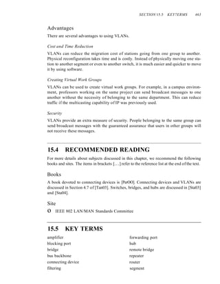 SECTION 15.5 KEY7ERMS 463
Advantages
There are several advantages to using VLANs.
Cost and Time Reduction
VLANs can reduce the migration cost of stations going from one group to another.
Physical reconfiguration takes time and is costly. Instead of physically moving one sta-
tion to another segment or even to another switch, it is much easier and quicker to move
it by using software.
Creating Virtual Work Groups
VLANs can be used to create virtual work groups. For example, in a campus environ-
ment, professors working on the same project can send broadcast messages to one
another without the necessity of belonging to the same department. This can reduce
traffic if the multicasting capability of IP was previously used.
Security
VLANs provide an extra measure of security. People belonging to the same group can
send broadcast messages with the guaranteed assurance that users in other groups will
not receive these messages.
15.4 RECOMMENDED READING
For more details about subjects discussed in this chapter, we recommend the following
books and sites. The items in brackets [...] refer to the reference list at the end of the text.
Books
A book devoted to connecting devices is [PerOO]. Connecting devices and VLANs are
discussed in Section 4.7 of [Tan03]. Switches, bridges, and hubs are discussed in [Sta03]
and [Sta04].
Site
o IEEE 802 LAN/MAN Standards Committee
15.5 KEY TERMS
amplifier
blocking port
bridge
bus backbone
connecting device
filtering
forwarding port
hub
remote bridge
repeater
router
segment
 