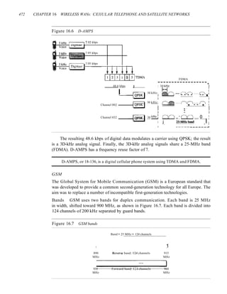 472 CHAPTER 16 WIRELESS WANs: CEllULAR TELEPHONE AND SATELLITE NETWORKS
Figure 16.6 D-AMPS
,---------..7.95 kbps
~~--l
7.95 kbps
,---------.. 7.95 kbps
--;:"'~--l I------+--+---r--+--+---,
FDMA
------------------,
48.6 kbps ~ : 30 kHz I
I QPSK
30 kHz: l;?(--" ... "--V--', ... ,,--', i
--....." I ~., ' ' ' ' " I
I I
~PSK 30 kHz: (--A ... (--',"._', ... ,'--', !
Channel 002 ------"1 . 'dlllWll ! " ! 1
I I
I : ' I
I • I
Channel 832 ------"1~ 30 kHz: t-v--': ..· ,ry--,; ... 0 ~
II j 25-MHz band I j
, • j
I -----------~
The resulting 48.6 kbps of digital data modulates a carrier using QPSK; the result
is a 3D-kHz analog signal. Finally, the 3D-kHz analog signals share a 25-MHz band
(FDMA). D-AMPS has a frequency reuse factor of 7.
D-AMPS, or 18-136, is a digital cellular phone system using TDMA and FDMA.
GSM
The Global System for Mobile Communication (GSM) is a European standard that
was developed to provide a common second-generation technology for all Europe. The
aim was to replace a number of incompatible first-generation technologies.
Bands GSM uses two bands for duplex communication. Each band is 25 MHz
in width, shifted toward 900 MHz, as shown in Figure 16.7. Each band is divided into
124 channels of 200 kHz separated by guard bands.
Figure 16.7 GSM bands
Band = 25 MHz = 124 channels
1 1
890 Reverse band: 124 channels 915
MHz MHz
------_-1~
935 Forward band: 124 channels 960
MHz MHz
 