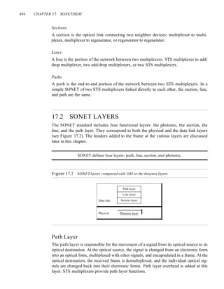 494 CHAPTER 17 SONETISDH
Sections
A section is the optical link connecting two neighbor devices: multiplexer to multi-
plexer, multiplexer to regenerator, or regenerator to regenerator.
Lines
A line is the portion of the network between two multiplexers: STS multiplexer to add/
drop multiplexer, two add/drop multiplexers, or two STS multiplexers.
Paths
A path is the end-to-end portion of the network between two STS multiplexers. In a
simple SONET of two STS multiplexers linked directly to each other, the section, line,
and path are the same.
17.2 SONET LAYERS
The SONET standard includes four functional layers: the photonic, the section, the
line, and the path layer. They correspond to both the physical and the data link layers
(see Figure 17.2). The headers added to the frame at the various layers are discussed
later in this chapter.
SONET defines four layers: path, line, section, and photonic.
Figure 17.2 SONET layers compared with OSI or the Internet layers
Path layer
Line layer
Data link
Physical
Section layer
Photonic layer I
Path Layer
The path layer is responsible for the movement of a signal from its optical source to its
optical destination. At the optical source, the signal is changed from an electronic form
into an optical form, multiplexed with other signals, and encapsulated in a frame. At the
optical destination, the received frame is demultiplexed, and the individual optical sig-
nals are changed back into their electronic forms. Path layer overhead is added at this
layer. STS multiplexers provide path layer functions.
 