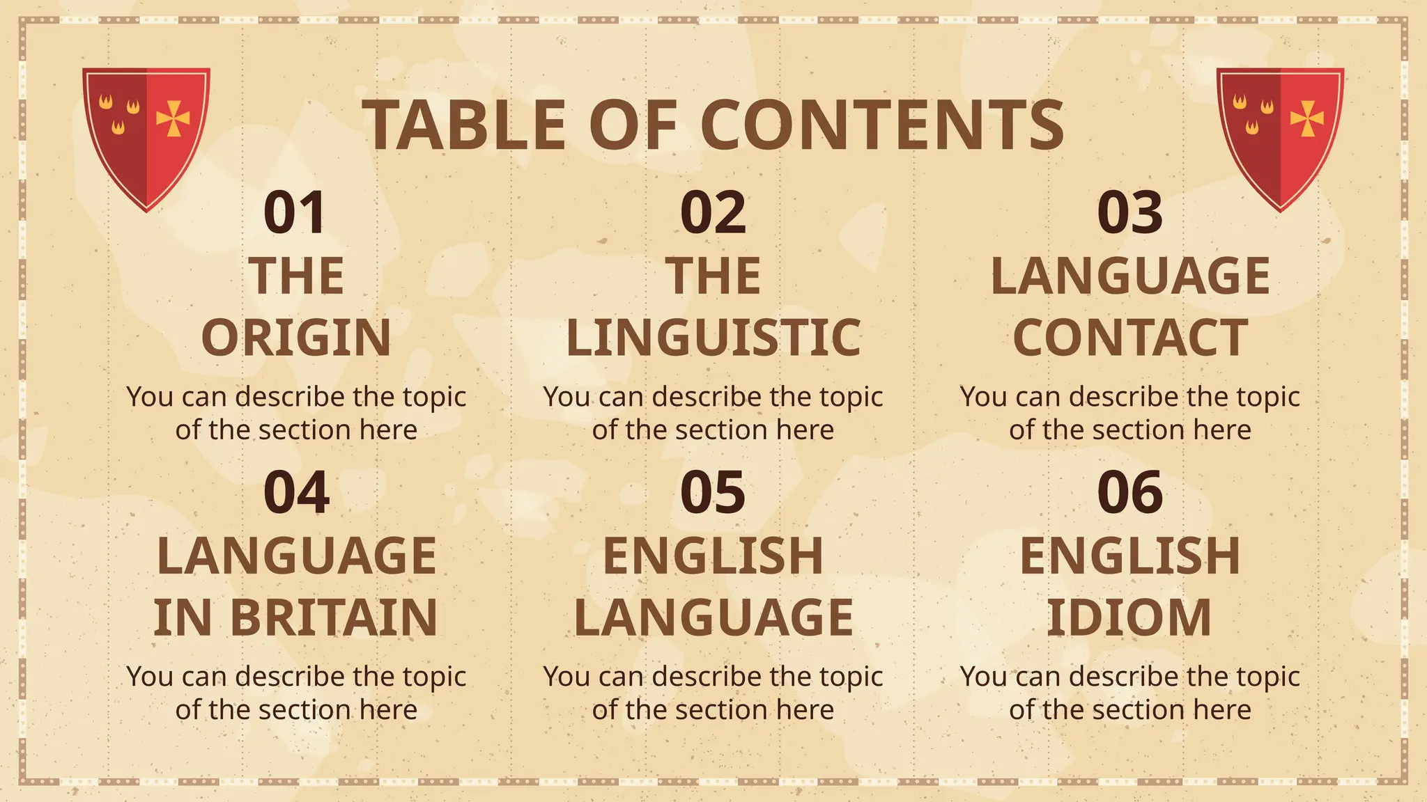 THE
ORIGIN
You can describe the topic
of the section here
THE
LINGUISTIC
You can describe the topic
of the section here
LANGUAGE
IN BRITAIN
You can describe the topic
of the section here
ENGLISH
LANGUAGE
You can describe the topic
of the section here
01
04
02
05
TABLE OF CONTENTS
LANGUAGE
CONTACT
You can describe the topic
of the section here
ENGLISH
IDIOM
You can describe the topic
of the section here
03
06
 