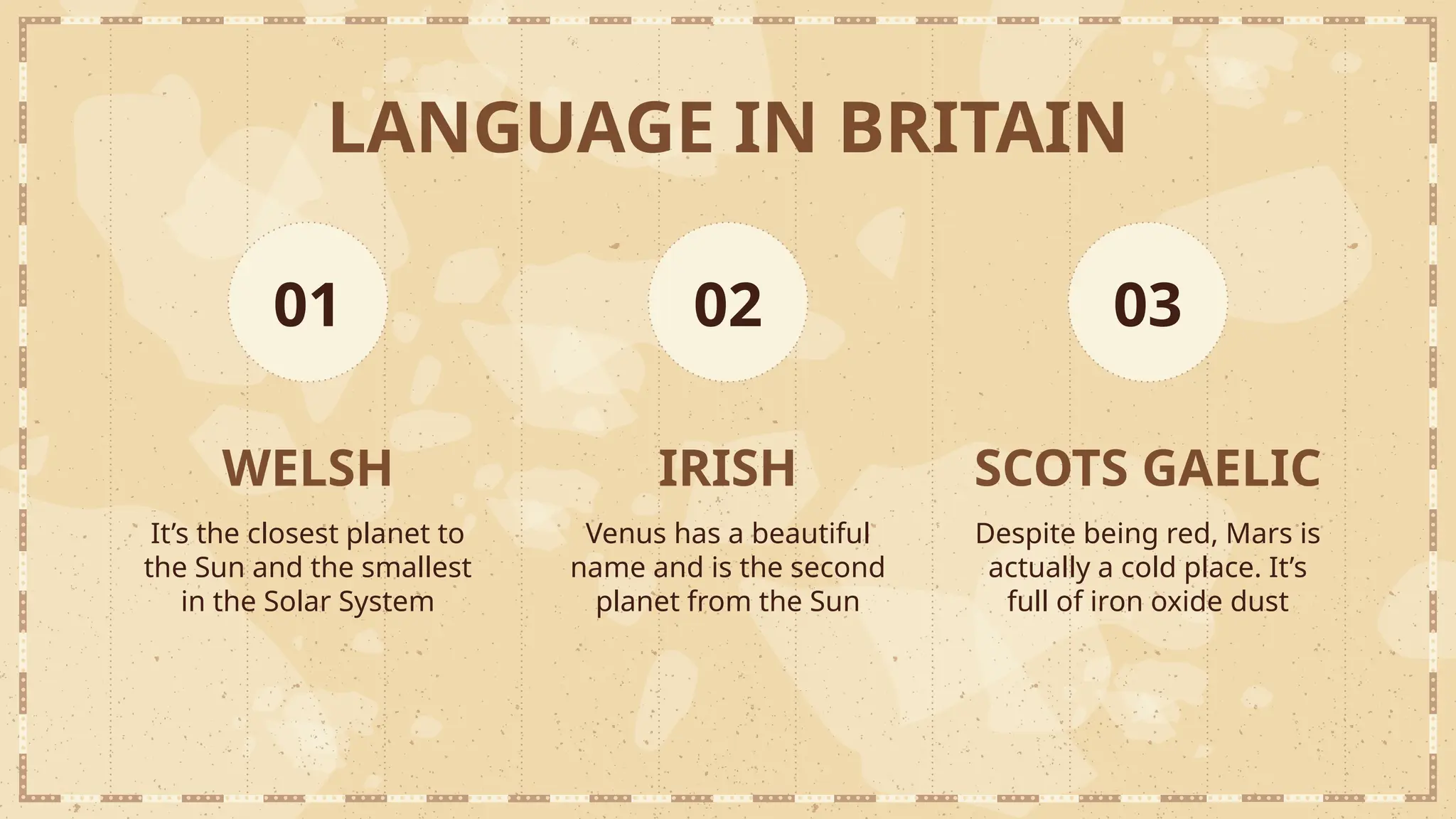WELSH
It’s the closest planet to
the Sun and the smallest
in the Solar System
IRISH
Venus has a beautiful
name and is the second
planet from the Sun
SCOTS GAELIC
Despite being red, Mars is
actually a cold place. It’s
full of iron oxide dust
LANGUAGE IN BRITAIN
01 02 03
 