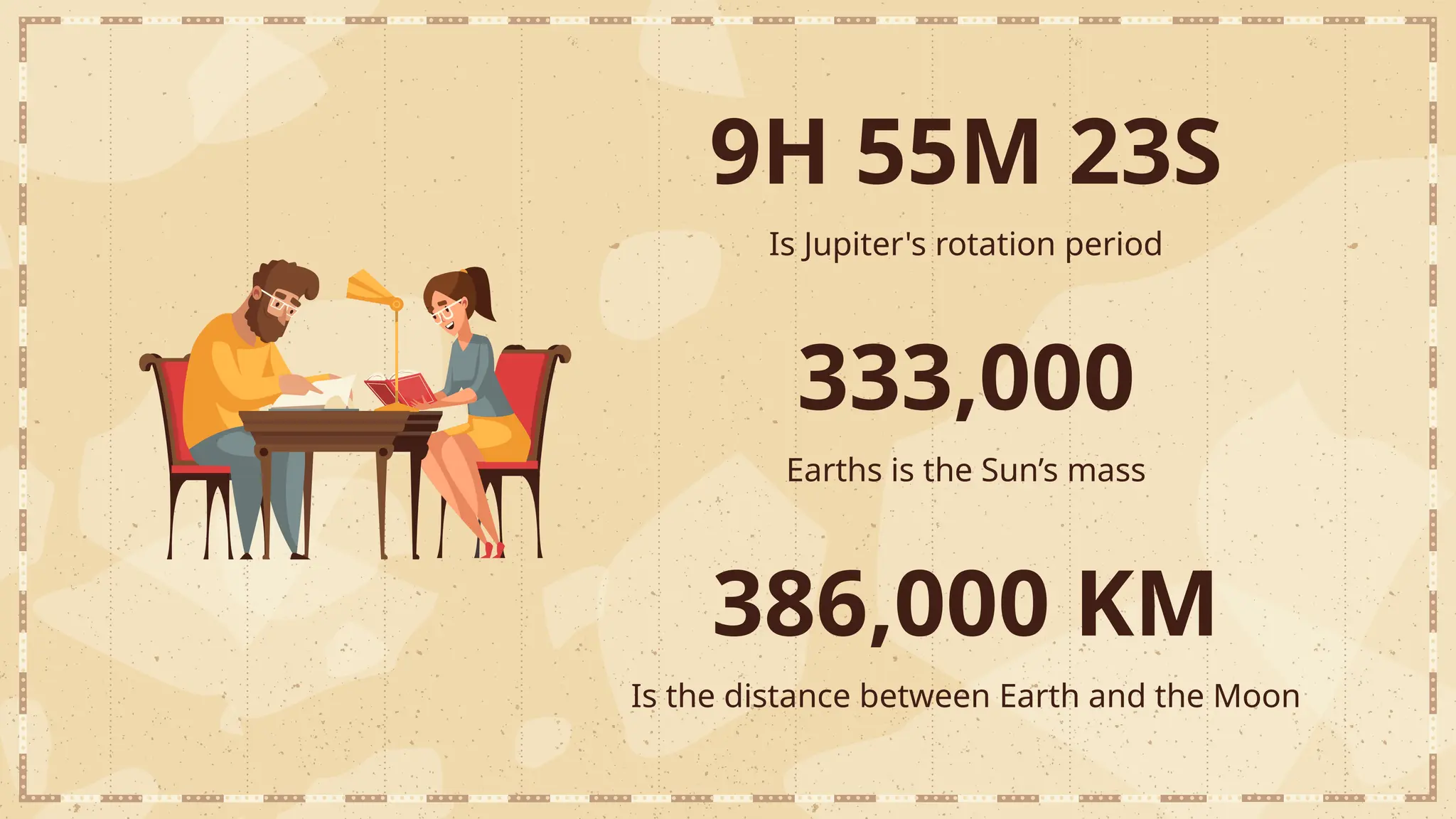 9H 55M 23S
Is Jupiter's rotation period
333,000
Earths is the Sun’s mass
386,000 KM
Is the distance between Earth and the Moon
 