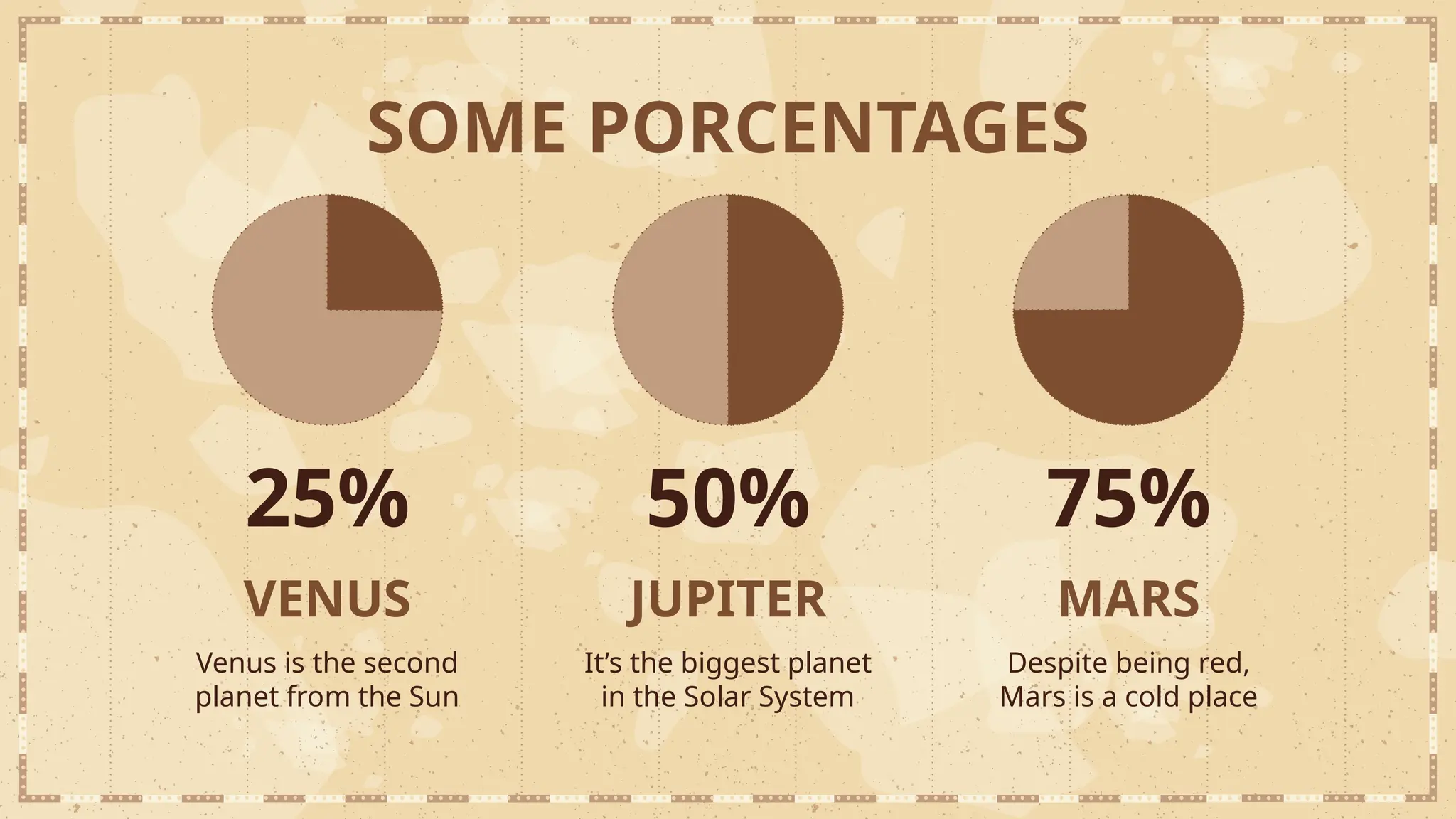 25%
VENUS
Venus is the second
planet from the Sun
SOME PORCENTAGES
50%
JUPITER
It’s the biggest planet
in the Solar System
75%
MARS
Despite being red,
Mars is a cold place
 