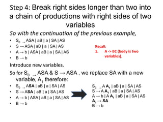 Step 4: Break right sides longer than two into
a chain of productions with right sides of two
variables
So with the continuation of the previous example,
• S0 → ASA | aB | a | SA | AS
• S → ASA | aB | a | SA | AS
• A → b | ASA | aB | a | SA | AS
• B → b
Introduce new variables.
So for S0 → ASA & S → ASA , we replace SA with a new
variable, A1 therefore:
• S0 → ASA | aB | a | SA | AS
• S → ASA | aB | a | SA | AS
• A → b | ASA | aB | a | SA | AS
• B → b
S0 → A A1 | aB | a | SA | AS
S → A A1 | aB | a | SA | AS
A → b | A A1 | aB | a | SA | AS
A1 → SA
B → b
Recall:
1. A -> BC (body is two
variables).
 