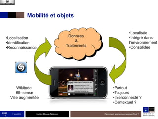 Mobilité et objets

•Localisation
•Identification
•Reconnaissance

Wikitude
6th sense
Ville augmentée

page
11

7 nov 2013

Institut Mines-Télécom

Données
&
Traitements

•Localisée
•Intégré dans
l’environnement
•Consolidée

•Partout
•Toujours
•Interconnecté ?
•Contextuel ?
Comment apprend-on aujourd'hui ?

 