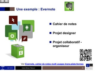 Une exemple : Evernote

 Cahier de notes
 Projet designer

 Projet collaboratif organiseur

Des
mobil
es
aux
objet
s:
Inter

Voir Evernote, cahier de notes multi usages trans-plate-formes
05/11/2013

Institut Mines-Télécom

20

 
