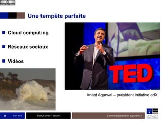 Une tempête parfaite
 Cloud computing
 Réseaux sociaux
 Vidéos

Anant Agarwal – président initiative edX

26

7 nov 2013

Institut Mines-Télécom

Comment apprend-on aujourd'hui ?

 