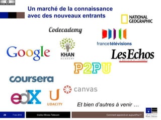 Un marché de la connaissance
avec des nouveaux entrants

Et bien d’autres à venir …
29

7 nov 2013

Institut Mines-Télécom

Comment apprend-on aujourd'hui ?

 