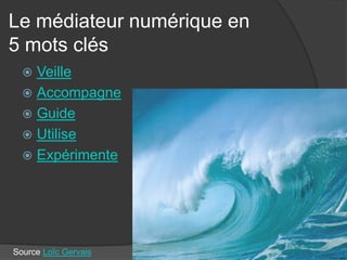 Le médiateur numérique en 5 mots clés 
 
Veille 
 
Accompagne 
 
Guide 
 
Utilise 
 
Expérimente Source 
Loïc Gervais  