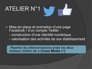 ATELIER N°1 
 
Mise en place et animation d’une page Facebook / d’un compte Twitter : 
- construction d’une identité numérique 
- valorisation des activités de son établissement 
Repérer les interconnexions entre les deux réseaux (notion de « Cross Media »*)  