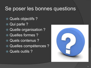 Se poser les bonnes questions 
 
Quels objectifs ? 
 
Qui parle ? 
 
Quelle organisation ? 
 
Quelles formes ? 
 
Quels contenus ? 
 
Quelles compétences ? 
 
Quels outils ? 
34 
 