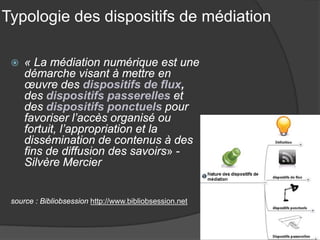 Typologie des dispositifs de médiation 
 
« La médiation numérique est une démarche visant à mettre en oeuvre des dispositifs de flux, des dispositifs passerelles et des dispositifs ponctuels pour favoriser l’accès organisé ou fortuit, l’appropriation et la dissémination de contenus à des fins de diffusion des savoirs» - Silvère Mercier 
source : Bibliobsession http://www.bibliobsession.net  