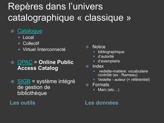 Repères dans l’univers catalographique « classique » 
Les outils 
Les données 
 
Catalogue 
 
Local 
 
Collectif 
 
Virtuel /interconnecté 
OPAC = Online Public Access Catalog 
SIGB = système intégré de gestion de bibliothèque 
 
Notice 
 
bibliographique 
 
d’autorité 
 
d’exemplaire 
 
Index 
 
vedette-matière: vocabulaire contrôlé (ex : Rameau) 
 
Vedette - auteur (= référentiel) 
 
Formats 
 
Marc (etc…)  