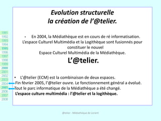 Evolution structurelle
                  la création de l’@telier.

     •   En 2004, la Médiathèque est en cours de ré informatisation.
    L’espace Culturel Multimédia et la Logithèque sont fusionnés pour
                            constituer le nouvel
             Espace Culturel Multimédia de la Médiathèque.
                              L’@telier.
• L’@telier (ECM) est la combinaison de deux espaces.
 Fin février 2005, l’@telier ouvre. Le fonctionnement général a évolué.
Tout le parc informatique de la Médiathèque a été changé.
 L’espace culture multimédia : l’@telier et la logithèque.



                          @telier - Médiathèque de Lorient
 