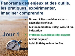 <ul><li>Du web 2.0 aux médias sociaux : exemples et enjeux </li></ul><ul><li>Les fondamentaux : blog, wiki, fil rss, index...