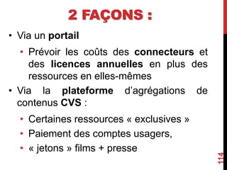 2 FAÇONS :
• Via un portail
• Prévoir les coûts des connecteurs et
des licences annuelles en plus des
ressources en elles-mêmes
• Via la plateforme d’agrégations de
contenus CVS :
• Certaines ressources « exclusives »
• Paiement des comptes usagers,
• « jetons » films + presse
114
 