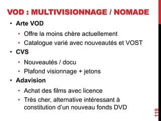 VOD : MULTIVISIONNAGE / NOMADE
• Arte VOD
• Offre la moins chère actuellement
• Catalogue varié avec nouveautés et VOST
• CVS
• Nouveautés / docu
• Plafond visionnage + jetons
• Adavision
• Achat des films avec licence
• Très cher, alternative intéressant à
constitution d’un nouveau fonds DVD
119
 