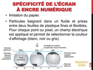 SPÉCIFICITÉ DE L’ÉCRAN
À ENCRE NUMÉRIQUE
• Imitation du papier.
• Particules baignant dans un fluide et prises
entre deux feuilles de plastique fines et flexibles.
Pour chaque point ou pixel, un champ électrique
est appliqué et permet de sélectionner la couleur
d’affichage (blanc, noir ou gris).
126
Source & +
d’infos
 