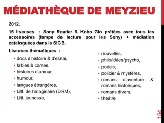 MÉDIATHÈQUE DE MEYZIEU
2012.
16 liseuses : Sony Reader & Kobo Glo prêtées avec tous les
accessoires (lampe de lecture pour les Sony) + médiation
cataloguées dans le SIGB.
Liseuses thématiques :
• docs d’histoire & d’essai,
• fables & contes,
• histoires d’amour,
• humour,
• langues étrangères,
• Litt. de l’imaginaire (DRM),
• Litt. jeunesse,
154
• nouvelles,
• philo/idées/psycho,
• poésie,
• policier & mystères,
• romans d’aventure &
romans historiques,
• romans divers,
• théâtre
 