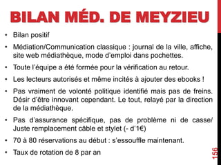 BILAN MÉD. DE MEYZIEU
• Bilan positif
• Médiation/Communication classique : journal de la ville, affiche,
site web médiathèque, mode d’emploi dans pochettes.
• Toute l’équipe a été formée pour la vérification au retour.
• Les lecteurs autorisés et même incités à ajouter des ebooks !
• Pas vraiment de volonté politique identifié mais pas de freins.
Désir d’être innovant cependant. Le tout, relayé par la direction
de la médiathèque.
• Pas d’assurance spécifique, pas de problème ni de casse/
Juste remplacement câble et stylet (- d’1€)
• 70 à 80 réservations au début : s’essouffle maintenant.
• Taux de rotation de 8 par an
156
 