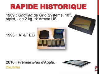 RAPIDE HISTORIQUE
1989 : GridPad de Grid Systems. 10’’,
stylet, - de 2 kg.  Armée US.
1993 : AT&T EO
2010 : Premier iPad d’Apple.
Plus d’infos
170
 