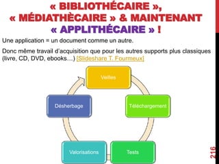 « BIBLIOTHÉCAIRE »,
« MÉDIATHÈCAIRE » & MAINTENANT
« APPLITHÉCAIRE » !
Une application = un document comme un autre.
Donc même travail d’acquisition que pour les autres supports plus classiques
(livre, CD, DVD, ebooks…) [Slideshare T. Fourmeux]
216
Veilles
Téléchargement
TestsValorisations
Désherbage
 