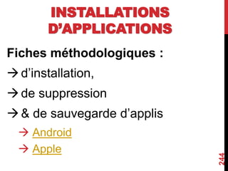 INSTALLATIONS
D’APPLICATIONS
Fiches méthodologiques :
d’installation,
de suppression
& de sauvegarde d’applis
 Android
 Apple
244
 