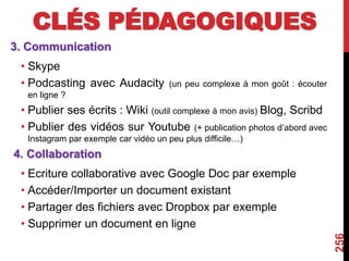 CLÉS PÉDAGOGIQUES
3. Communication
• Skype
• Podcasting avec Audacity (un peu complexe à mon goût : écouter
en ligne ?
• Publier ses écrits : Wiki (outil complexe à mon avis) Blog, Scribd
• Publier des vidéos sur Youtube (+ publication photos d’abord avec
Instagram par exemple car vidéo un peu plus difficile…)
4. Collaboration
• Ecriture collaborative avec Google Doc par exemple
• Accéder/Importer un document existant
• Partager des fichiers avec Dropbox par exemple
• Supprimer un document en ligne
256
 
