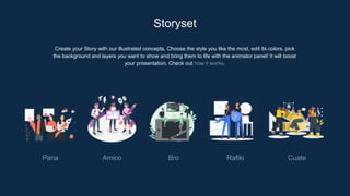 Create your Story with our illustrated concepts. Choose the style you like the most, edit its colors, pick
the background and layers you want to show and bring them to life with the animator panel! It will boost
your presentation. Check out how it works.
Storyset
Pana Amico Bro Rafiki Cuate
 
