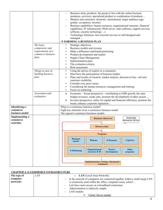 – Business areas, products: the group in line with the online business
(products, services), specialized product or combination of products ...
– Markets and customers: domestic, international, target audience (age,
gender, occupation, income)
– Business capabilities: human resources, organizational structure, financial
capabilities, IT infrastructure (Web server, sales software, support services
software, security technology ...)
– Technology Solutions: hire external services or self-designed and
managed ...
 FORMING A BUSINESS PLAN
The basic
components and
requirements of e-
commerce business
plan:
• Strategic objectives
• Business models and revenue
• Make a difference and brand positioning
• Product development and market
• Supply Chain Management
• Implementation plan
• The evaluation criteria
• Risk assessment
Things to note in
building business
plan
• Using the advice of experts in e-commerce
• Must have the participation of business leaders
• Plans and results of research, market analysis, decision to buy / sell and
customer credibility
• Consider cost, price issues
• Considering the human resources, management and training
• Focus on marketing
Assessment and
evaluation:
• Economic – Social perspective : contributing to GDP growth, the state
budget revenues, create jobs, promote the development of other sectors ...
• Investor perspective: safety for capital and financial efficiency, promote the
brand, enhance corporate reputation ...
Identifying e-
commerce
business model
What is e-commerce business model?
Eight key elements of an e-commerce business model
The typical e-commerce business models
Implementing e-
commerce
activities
CHAPTER 4: E-COMMERCE INFRASTRUCTURE
The type of
computer
networks
LAN o LAN (Local Area Network):
– Is the network of computers are connected together within a small range.LAN
is commonly used within the office, computer room, school ...
– Lets have more access on a broadband connection.
– Administration is relatively simple.
– LAN models:
 Client/ Server model:
4
 