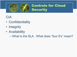 Controls for Cloud
Security
CIA
• Confidentiality
• Integrity
• Availability
– What is the SLA. What does “four 9’s” mean?
 