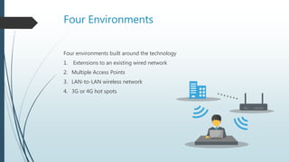 Four Environments
Four environments built around the technology
1. Extensions to an existing wired network
2. Multiple Access Points
3. LAN-to-LAN wireless network
4. 3G or 4G hot spots
 