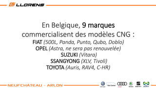 En Belgique, 9 marques
commercialisent des modèles CNG :
FIAT (500L, Panda, Punto, Qubo, Doblo)
OPEL (Astra, ne sera pas renouvelée)
SUZUKI (Vitara)
SSANGYONG (XLV, Tivoli)
TOYOTA (Auris, RAV4, C-HR)
 