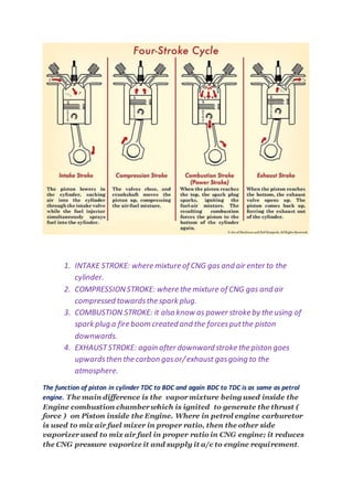 1. INTAKE STROKE: where mixture of CNG gas and air enter to the
cylinder.
2. COMPRESSIONSTROKE: where the mixture of CNG gas and air
compressed towardsthe spark plug.
3. COMBUSTION STROKE: it also know as power stroke by the using of
spark plug a fire boom created and the forcesputthe piston
downwards.
4. EXHAUSTSTROKE: again after downward stroke the piston goes
upwardsthen the carbon gasor/exhaust gasgoing to the
atmosphere.
The function of piston in cylinder TDC to BDC and again BDC to TDC is as same as petrol
engine. The main difference is the vapor mixture being used inside the
Engine combustion chamber which is ignited to generate the thrust (
force ) on Piston inside the Engine. Where in petrol engine carburetor
is used to mix air fuel mixer in proper ratio, then the other side
vaporizer used to mix air fuel in proper ratio in CNG engine; it reduces
the CNG pressure vaporize it and supply it a/c to engine requirement.
 