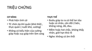 TRIỆU CHỨNG
CƠ NĂNG
• Phát hiện tình cờ
• TC chèn ép khí quản (khó thở) ,
thực quản ( nuốt khó, vướng)
• Không có biểu hiện của cường
giáp hoặc suy giáp trên lâm sàng
THỰC THỂ
• Bướu giáp to ra có thể lan tỏa
hoặc có nhân, cân đối 2 bên,
không nóng, đỏ, đau.
• Mềm hoặc hơi chắc, không thấy
nhân, giới hạn khá rõ
• Nghe: không có âm thổi
34
 