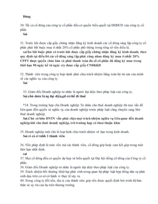 Đúng
30. Tất cả cổ đông của công ty cổ phần đều có quyền biểu quyết tại ĐHĐCĐ của công ty cổ
phần
Sai
31. Trước khi được cấp giấy chứng nhận đăng ký kinh doanh các cổ đông sáng lập công ty cổ
phần phải bắt buộc mua ít nhất 20% cổ phần phổ thông trong tổng số vốn điều lệ.
sai!ko bắt buộc phải có trước khi được cấp giấy chứng nhận đăng ký kinh doanh, theo
quy định tại điều 84 các cổ đông sáng lập phải cùng nhau đăng ký mua ít nhất 20%
CPPT được quyền chào bán và phải thanh toán đủ số cổ phần đã đăng ký mua trong
thời hạn 90 ngày kể từ ngày cty được cấp giấy CNĐKKD
32. Thành viên trong công ty hợp danh phải chịu trách nhiệm bằng toàn bộ tài sản của mình
về các nghĩa vụ của công ty.
Sai
33. Giám đốc Doanh nghiệp tư nhân là người đại diện theo pháp luật của công ty.
Sai.chủ dntn là ng đại diện,gđ có thể đi thuê
*34. Trong trường hợp chủ Doanh nghiệp Tư nhân cho thuê doanh nghiệp thì mọi vấn đề
liên quan đến quyền và nghĩa vụ của doanh nghiệp trước pháp luật cũng chuyển sang bên
thuê doanh nghiệp.
Sai.Chủ sở hữu DNTN vẫn phải chịu mọi trách nhiệm nghĩa vụ liênquan đến doanh
nghiệp khi cho thuê doanh nghiệp, trừ trường hợp có thoả thuận khác
35. Doanh nghiệp một chủ là loại hình chịu trách nhiệm vô hạn trong kinh doanh.
Sai.vì có ct tnhh 1 thành viên
36. Vốn pháp định là mức vốn mà các thành viên, cổ đông góp hoặc cam kết góp trong một
thời hạn nhất định.
sai
37. Mọi cổ đông đều có quyền dự họp và biểu quyết tại Đại hội đồng cổ đông của Công ty cổ
phần.
38. Giám đốc Doanh nghiệp tư nhân là người đại diện theo pháp luật của công ty.
39. Trách nhiệm bồi thường thiệt hại phát sinh trong quan hệ pháp luật hợp đồng dân sự phát
sinh dựa trên cơ sở có hành vi thực tế xảy ra.
40. Trong công ty đối vốn, địa vị của thành viên góp vốn được quyết định bởi trình độ bản
thân và uy tín của họ trên thương trường.
 