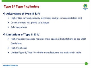  Advantages of Type III & IV
 Higher Gas carrying capacity, significant savings in transportation cost
 Corrosion free, less prone to leakages
 Safe operations
 Limitations of Type III & IV
 Higher capacity cascade requires more space at CNG stations as per OISD
Guidelines
 High Initial cost
 Limited Type III/Type IV cylinder manufacturers are available in India
Type 3/ Type 4 cylinders
 