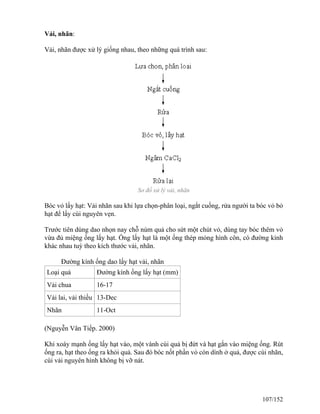 Vải, nhãn:
Vải, nhãn được xử lý giống nhau, theo những quá trình sau:
Sơ đồ xử lý vải, nhãn
Bóc vỏ lấy hạt: Vải nhãn sau khi lựa chọn-phân loại, ngắt cuống, rửa người ta bóc vỏ bỏ
hạt để lấy cùi nguyên vẹn.
Trước tiên dùng dao nhọn nay chỗ núm quả cho sứt một chút vỏ, dùng tay bóc thêm vỏ
vừa đủ miệng ống lấy hạt. Ống lấy hạt là một ống thép mỏng hình côn, có đường kính
khác nhau tuỳ theo kích thước vải, nhãn.
Đường kính ống dao lấy hạt vải, nhãn
Loại quả Đường kính ống lấy hạt (mm)
Vải chua 16-17
Vải lai, vải thiều 13-Dec
Nhãn 11-Oct
(Nguyễn Vân Tiếp. 2000)
Khi xoáy mạnh ống lấy hạt vào, một vành cùi quả bị đứt và hạt gắn vào miệng ống. Rút
ống ra, hạt theo ống ra khỏi quả. Sau đó bóc nốt phần vỏ còn dính ở quả, được cùi nhãn,
cùi vải nguyên hình không bị vỡ nát.
107/152
 