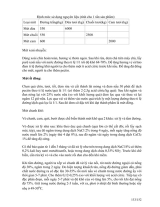 Định mức sử dụng nguyên liệu (tính cho 1 tấn sản phẩm)
Loại mứt Đường trắng(kg) Dứa tươi (kg) Chuối tươi(kg) Cam tươi (kg)
Mứt dứa 550 6000
Mứt chuối 550 2500
Mứt cam 600 2000
Mứt xoài nhuyễn:
Dùng xoài chín hoàn toàn, hương vị thơm ngon. Sau khi rửa, đem chà trên máy chà, lấy
purê xoài nấu với nước đường theo tỉ lệ 1/1 tới độ khô 68-70%. Để tăng hương vị và bảo
đảm tỉ lệ đường khử người ta cho thêm một ít acid citric trước khi nấu. Để tăng độ đông
cho mứt, người ta cho thêm pectin.
Mứt ổi đông:
Chọn quả chín, tươi, tốt, đem rửa và cắt thành lát mỏng và đem nấu 30 phút để tách
pectin theo tỉ lệ nước/quả là 1/1 (có thêm 2-2,5g acid citric/kg quả): Sau khi ngâm và
đun nóng lại với 25% nước nữa (so với khối lượng quả) đem lọc qua vải thưa và lại
ngâm 12 giờ nữa. Lọc qua vải và thêm vào nước quả trích ly một lượng đường theo tỉ lệ
đường/dịch quả lọc là 1/1. Sau đó đem cô đặc tới khi đạt thành phẩm là mứt đông.
Mứt chanh khô:
Vỏ chanh, cam, quít, bưởi được chế biến thành mứt khô qua 2 khâu: xử lý và tẩm đường.
Vỏ được xử lý như sau: khía theo dọc quả chanh (quả lớn có thể cắt đôi, rồi lấy sạch
múi, tép), sau đó ngâm trong dung dịch NaCl 2% trong 4 ngày, mỗi ngày tăng nồng độ
nước muối lên 2% (ngày thứ 4 đạt 8%), sau đó ngâm vài ngày trong dung dịch CaCl2
1% để tăng độ cứng.
Có thể bảo quản từ 1 đến 3 tháng vỏ đã xử lý như trên trong dung dịch NaCl 8% có thêm
0,2% kali hay natri metabisunfit, hoặc trong dung dịch chứa 0,35% SO2. Trước khi chế
biến, cần rửa kỹ vỏ và cho vào nước rồi đun cho đến khi mềm.
Khi tẩm đường, người ta xếp vỏ chanh đã xử lý vào nồi, rót nước đường nguội có nồng
độ 30%, ngâm trong 2 ngày. Do hiện tượng khuếch tán, nồng độ đường giảm dần, phải
chắt nước đường ra cô đặc lên 30-35% rồi mới nấu vỏ chanh trong nước đường ấy với
thời gian 5-7 phút. Cho thêm 0,12-0,25% (so với khối lượng vỏ) acid citric. Tiếp tục cô
đặc phân đoạn, mỗi ngày 5-7 phút và độ khô của vỏ tăng lên 5%, cho tới khi đạt nồng
độ 75%. Giữ trong nước đường 2-3 tuần, vớt ra, phơi ở nhiệt độ bình thường hoặc sấy
nhẹ ở 49-50o
C.
133/152
 