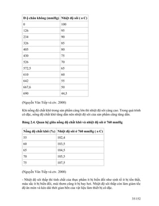 Đ ộ chân không (mmHg) Nhiệt độ sôi ( o C)
0 100
126 95
234 90
326 85
405 80
430 75
526 70
572,5 65
610 60
642 55
667,6 50
690 44,5
(Nguyễn Vân Tiếp và ctv. 2000)
Khi nồng độ chất khô trong sản phẩm càng lớn thì nhiệt độ sôi càng cao. Trong quá trình
cô đặc, nồng độ chất khô tăng dần nên nhiệt độ sôi của sản phẩm cũng tăng dần.
Bảng 2.4. Quan hệ giữa nồng độ chất khô và nhiệt độ sôi ở 760 mmHg
Nồng độ chất khô (%) Nhiệt độ sôi ở 760 mmHg ( o C)
55 102,4
60 103,5
65 104,5
70 105,5
75 107,5
(Nguyễn Vân Tiếp và ctv. 2000)
- Nhiệt độ sôi thấp thì tính chất của thực phẩm ít bị biến đổi như sinh tố ít bị tổn thất,
màu sắc ít bị biến đổi, mùi thơm cũng ít bị bay hơi. Nhiệt độ sôi thấp còn làm giảm tốc
độ ăn mòn và kéo dài thời gian bền của vật liệu làm thiết bị cô đặc.
35/152
 
