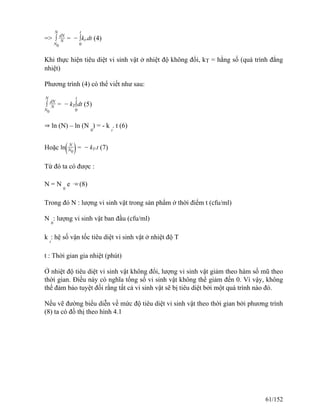 =>
N
∫
N0
dN
N = −
t
∫
0
kt.dt (4)
Khi thực hiện tiêu diệt vi sinh vật ở nhiệt độ không đổi, kT = hằng số (quá trình đẳng
nhiệt)
Phương trình (4) có thể viết như sau:
N
∫
N0
dN
N = − kT
t
∫
0
dt (5)
⇒ ln (N) – ln (N
0
) = - k
t
. t (6)
Hoặc ln(N
N0)= − kT.t (7)
Từ đó ta có được :
N = N
0
e −kt (8)
Trong đó N : lượng vi sinh vật trong sản phẩm ở thời điểm t (cfu/ml)
N
0
: lượng vi sinh vật ban đầu (cfu/ml)
k
t
: hệ số vận tốc tiêu diệt vi sinh vật ở nhiệt độ T
t : Thời gian gia nhiệt (phút)
Ở nhiệt độ tiêu diệt vi sinh vật không đổi, lượng vi sinh vật giảm theo hàm số mũ theo
thời gian. Điều này có nghĩa tổng số vi sinh vật không thể giảm đến 0. Vì vậy, không
thể đảm bảo tuyệt đối rằng tất cả vi sinh vật sẽ bị tiêu diệt bởi một quá trình nào đó.
Nếu vẽ đường biểu diễn về mức độ tiêu diệt vi sinh vật theo thời gian bởi phương trình
(8) ta có đồ thị theo hình 4.1
61/152
 