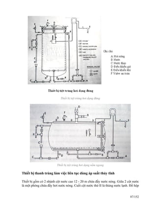 Thiết bị tiệt trùng hơi dạng đứng
Thiết bị tiệt trùng hơi dạng nằm ngang
Thiết bị thanh trùng làm việc liên tục dùng áp suất thủy tĩnh
Thiết bị gồm có 2 nhánh cột nước cao 12 - 20 m chứa đầy nước nóng. Giữa 2 cột nước
là một phòng chứa đầy hơi nước nóng. Cuối cột nước thứ II là thùng nước lạnh. Đồ hộp
87/152
 