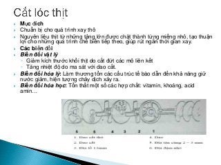  Mục đích
 Chuẩn bị cho quá trình xay thô
 Nguyên liệu thịt từ những tảng lớn được chặt thành từng miếng nhỏ, tạo thuận
lợi cho những quá trình chế biến tiếp theo, giúp rút ngắn thời gian xay.
 Các biến đổi
 Biến đổi vật lý
◦ Giảm kích thước khối thịt do cắt đứt các mô liên kết
◦ Tăng nhiệt độ do ma sát với dao cắt.
 Biến đổi hóa lý: Làm thương tổn các cấu trúc tế bào dẫn đến khả năng giữ
nước giảm, hiện tượng chảy dịch xảy ra.
 Biến đổi hóa học: Tổn thất một số các hợp chất: vitamin, khoáng, acid
amin…
 