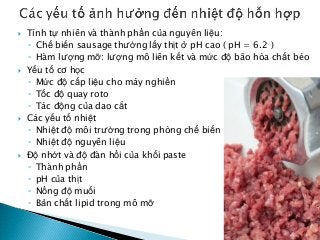  Tính tự nhiên và thành phần của nguyên liệu:
◦ Chế biến sausage thường lấy thịt ở pH cao ( pH = 6.2 )
◦ Hàm lượng mỡ: lượng mô liên kết và mức độ bão hòa chất béo
 Yếu tố cơ học
◦ Mức độ cấp liệu cho máy nghiền
◦ Tốc độ quay roto
◦ Tác động của dao cắt
 Các yếu tố nhiệt
◦ Nhiệt độ môi trường trong phòng chế biến
◦ Nhiệt độ nguyên liệu
 Độ nhớt và độ đàn hồi của khối paste
◦ Thành phần
◦ pH của thịt
◦ Nồng độ muối
◦ Bản chất lipid trong mô mỡ
 