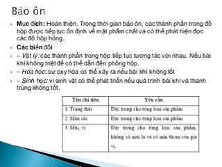  Mục đích: Hoàn thiện. Trong thời gian bảo ôn, các thành phần trong đồ
hộp được tiếp tục ổn định về mặt phẩm chất và có thể phát hiện đợc
các đồ hộp hỏng.
 Các biến đổi
 – Vật lý: các thành phần trong hộp tiếp tục tương tác với nhau. Nếu bài
khí không triệt để có thể dẫn đến phồng hộp.
 – Hóa học: sự oxy hóa có thể xảy ra nếu bài khí không tốt
 – Sinh học: vi sinh vật có thể phát triển nếu quá trình bài khí và thanh
trùng không tốt.
 