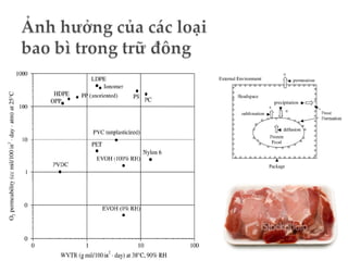 ◦ atmospheric oxygen
pressure gives oxygen
binding by myoglobin
and red ―bloom‖ from
oxygenation of pigment
 low oxygen pressure
results in oxidation of
pigment to
metmyoglobin
 thus a poor vacuum
package can result
in discoloration of
fresh meat
◦ gives color gradient
from surface to inside
on fresh meat
 